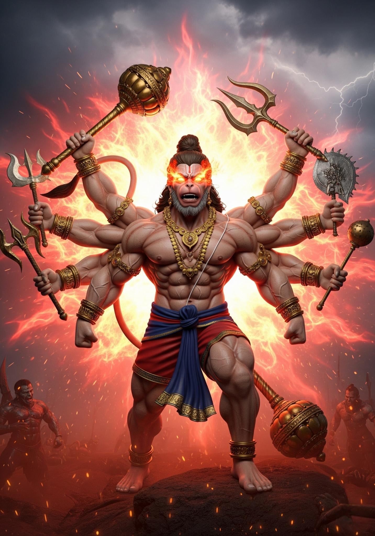Multiarms Warrior Hanuman with Burning Eyes and Divine Weapons