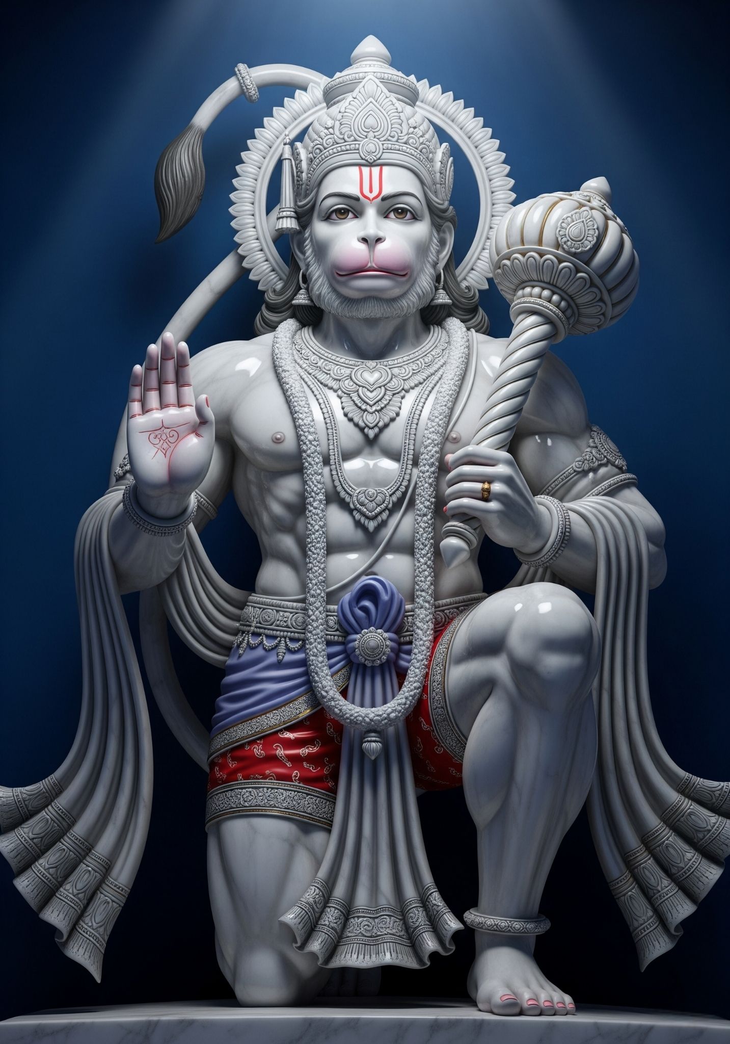 White Marble Hanuman Ji Statue in Blessing Pose