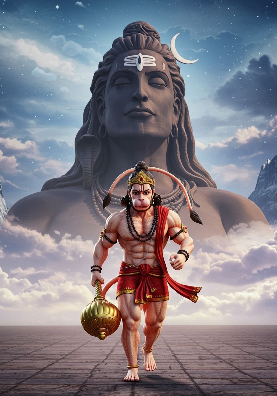 Hanuman Walking Before big Shiva Statue Wallpaper