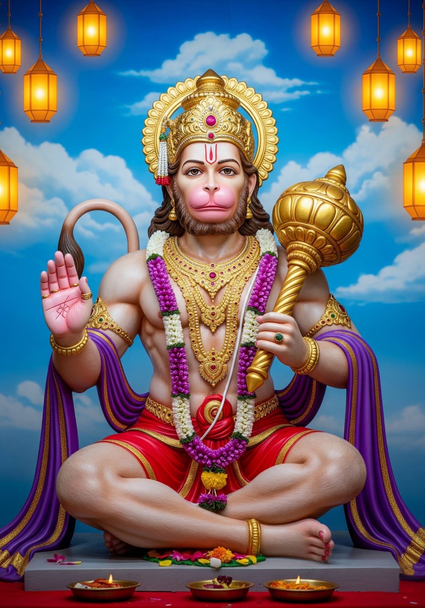 Divine Sitting Hanuman Ji with Lanterns Wallpaper
