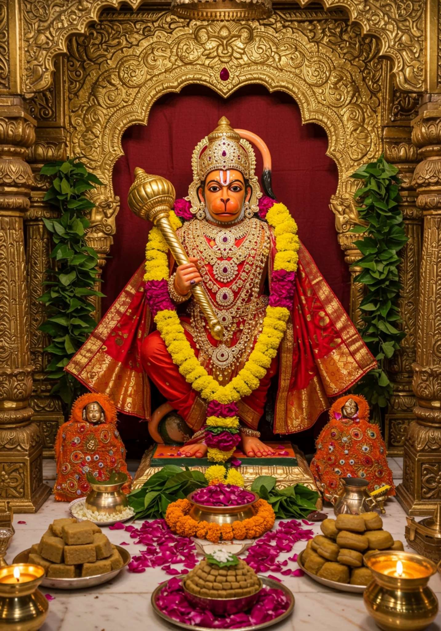 Divine Hanuman Ji Murti with Bhog and Garland