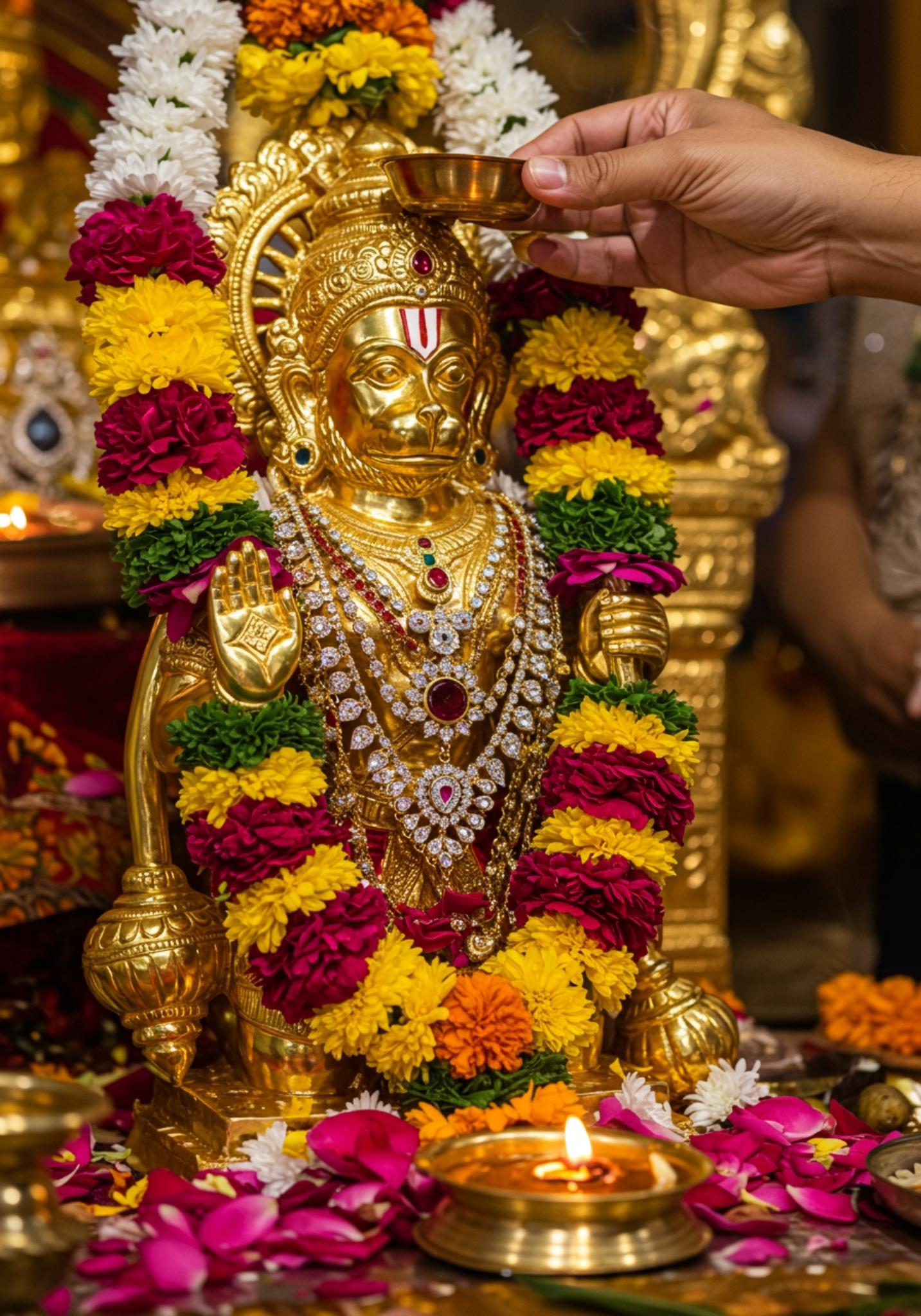 Golden Hanuman Ji Idol Abhishek with Flowers & Diya