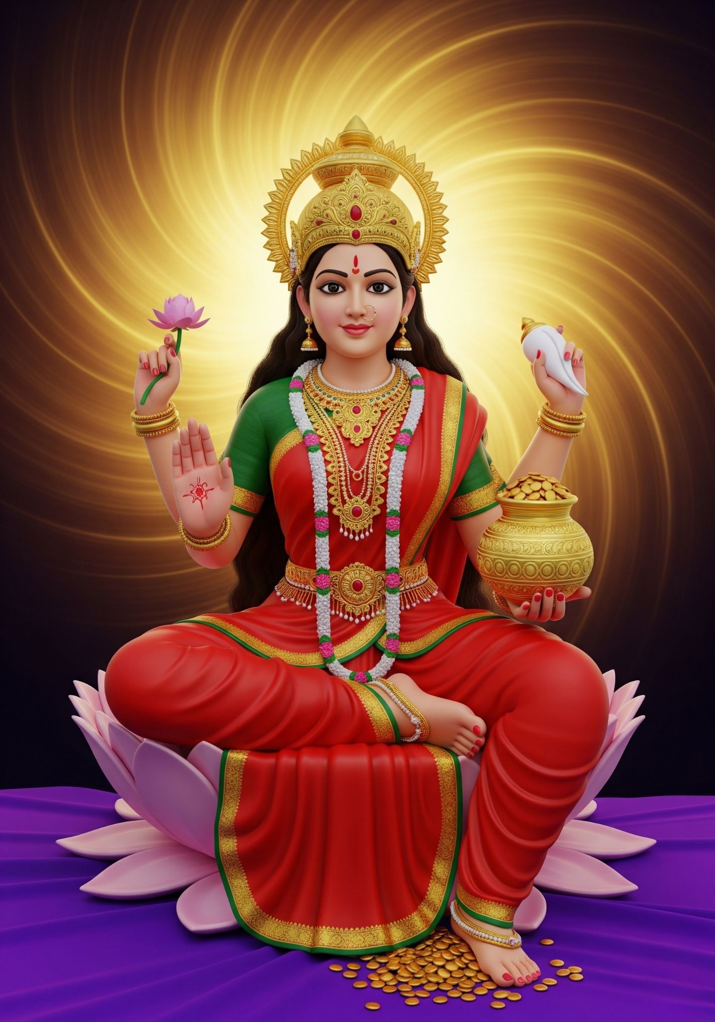 Goddess Lakshmi on Lotus with Gold Pot and Radiant Aura