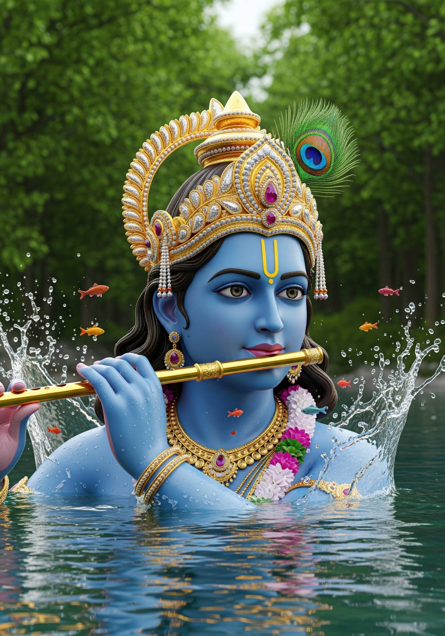 Divine Krishna Playing Flute in Water with Fish – 4K Art