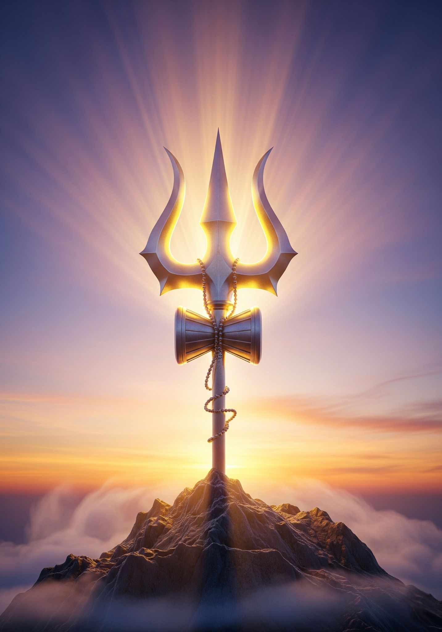 Divine Trishul of Lord Shiva on Mountain with Radiant Light