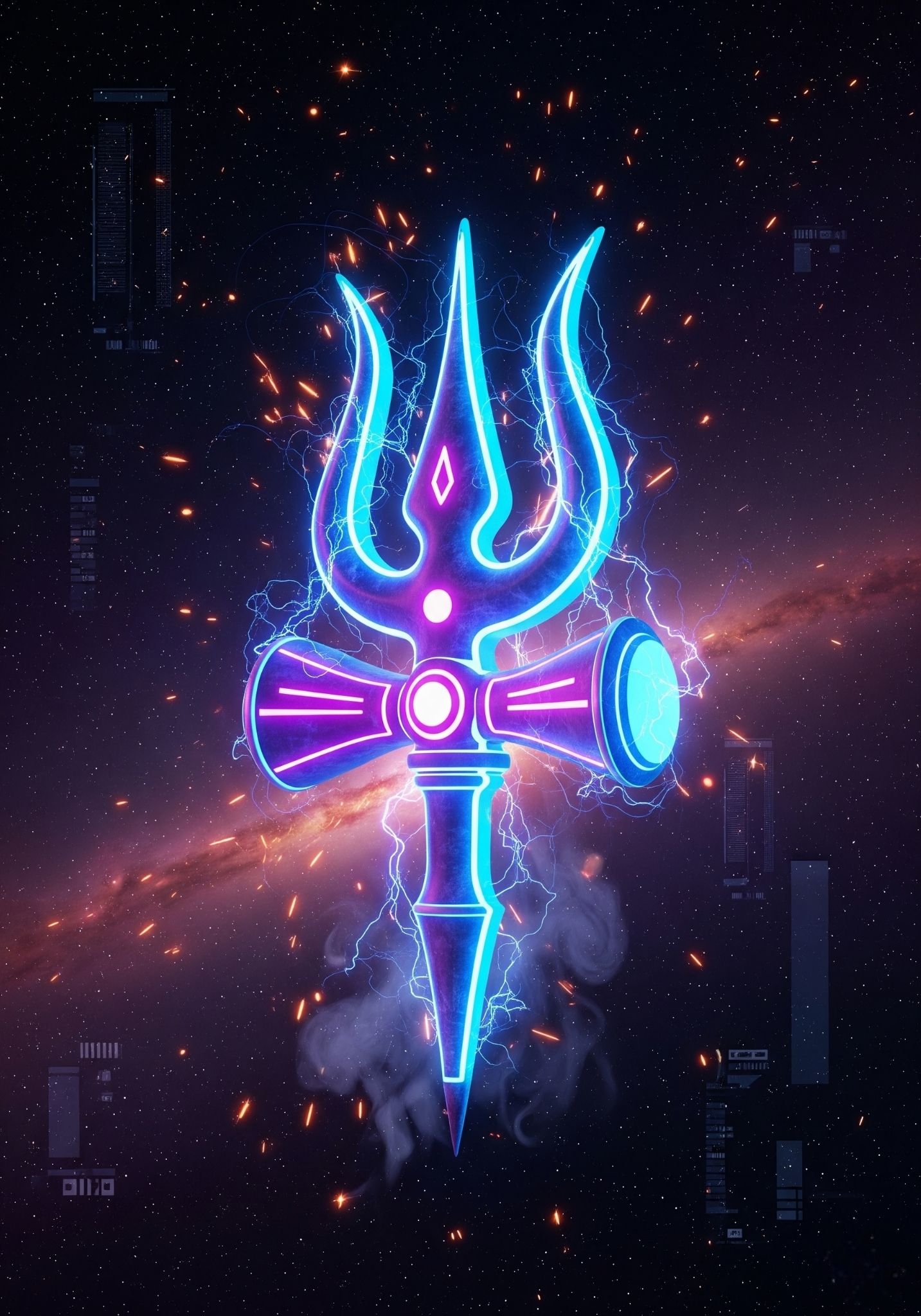 Neon Glowing Trishul with Damru in Cosmic Space Background