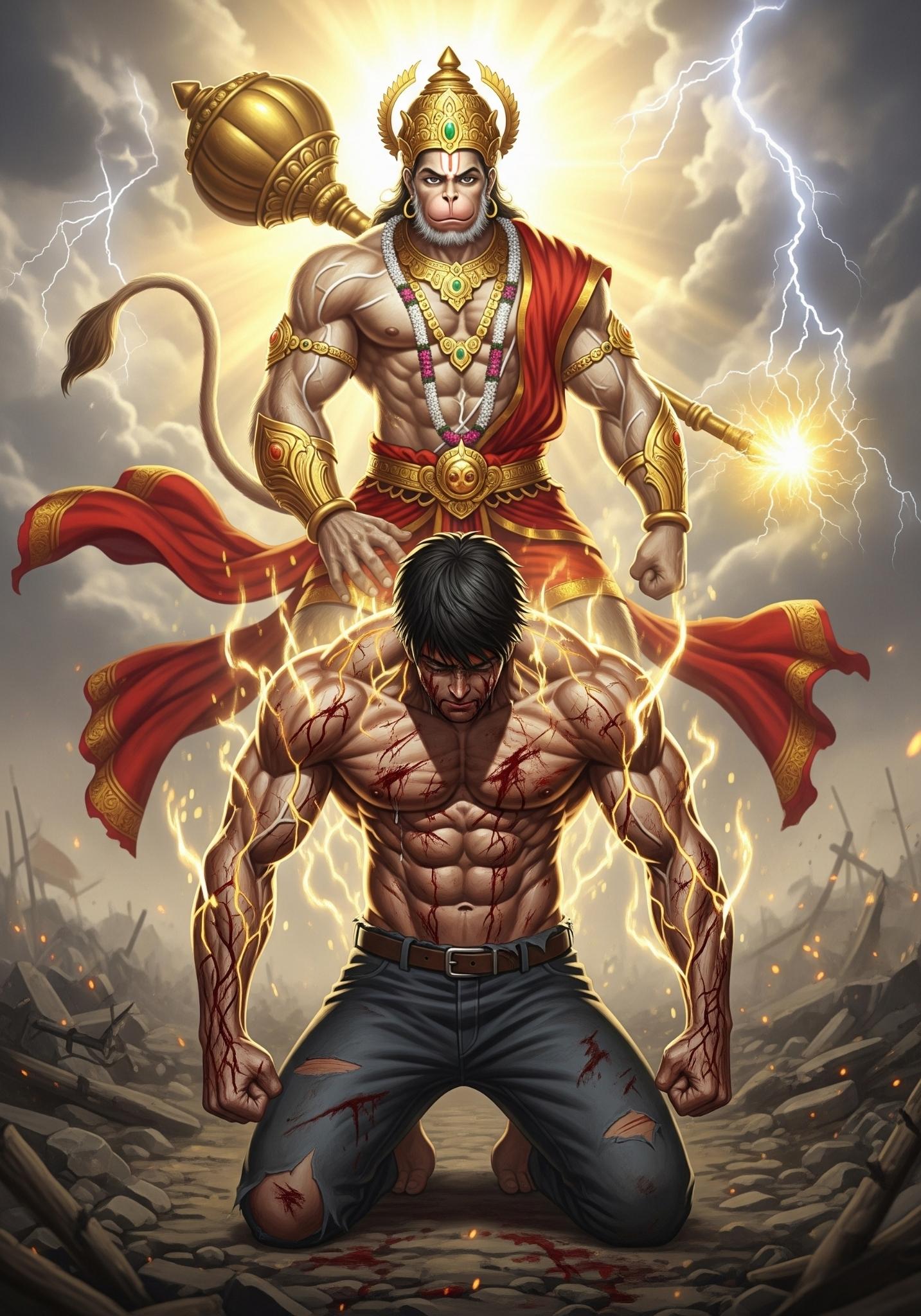 Warrior Receives Divine Power from Lord Hanuman
