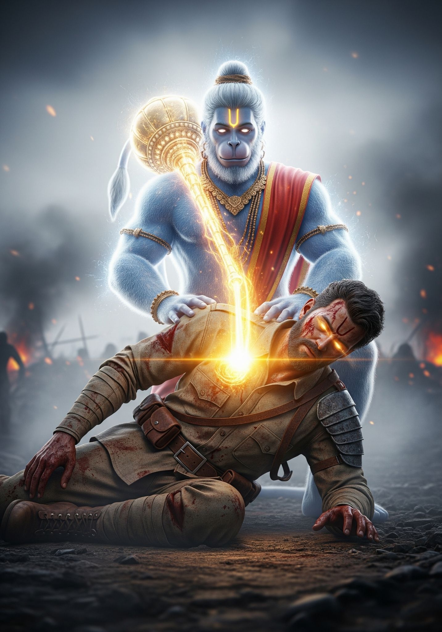 Hanuman Blessing a Warrior with Divine Power