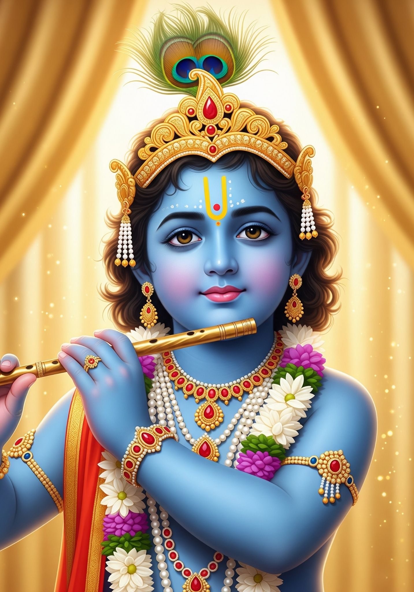 Cute Bal Krishna Playing Flute Divine Wallpaper