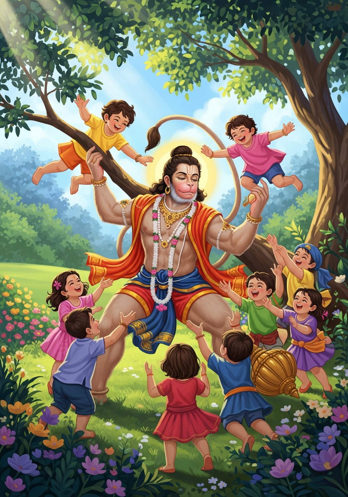 Cute Hanuman Playing with Kids in Garden – Cartoon Style