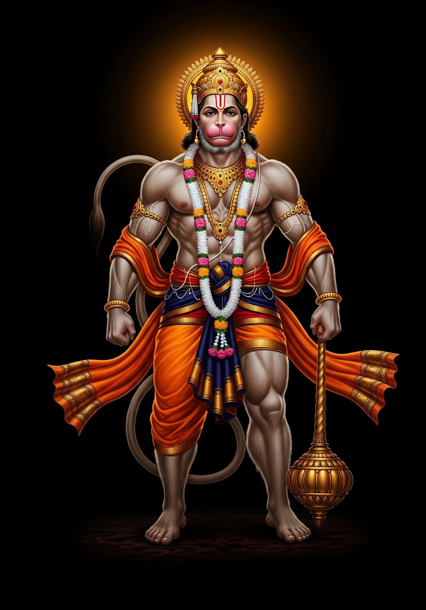 Powerful Hanuman Ji Standing with Gada – Divine Art on Black