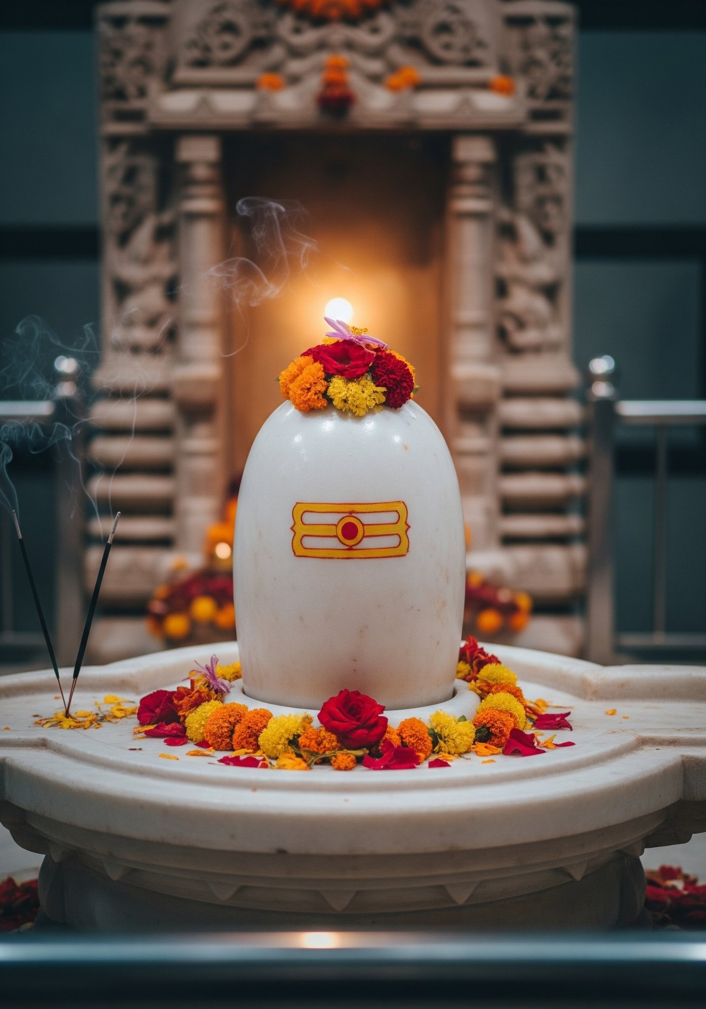 Sacred White Marble Shivling with Floral Offering