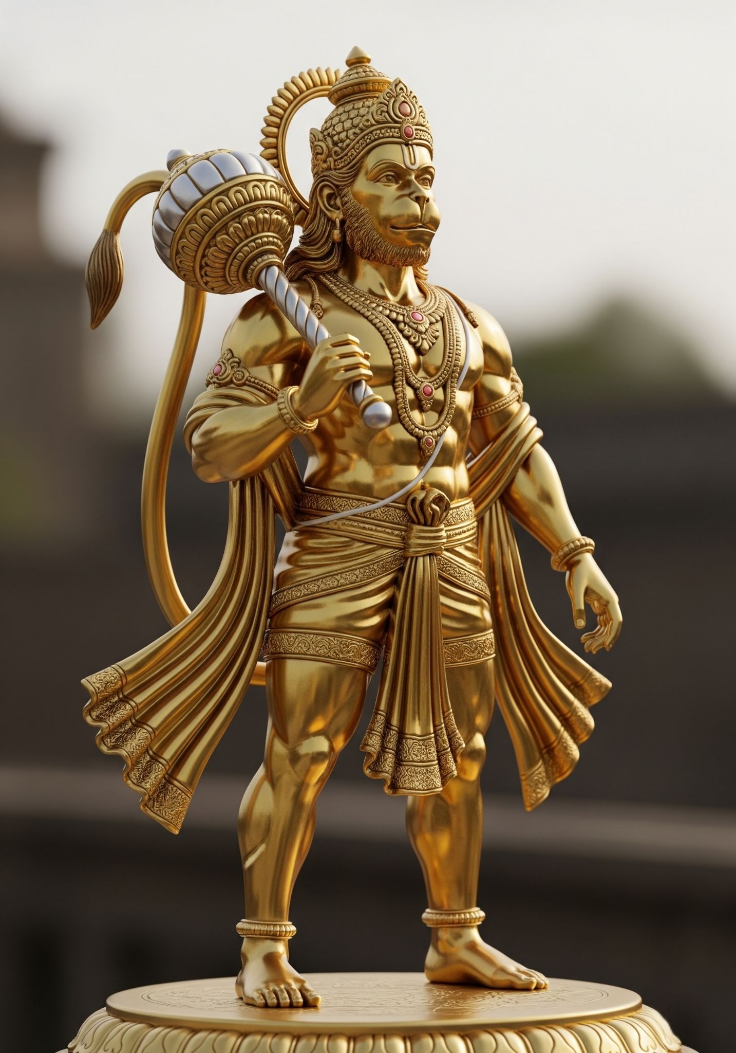 Golden Hanuman Idol Holding Gada Statue