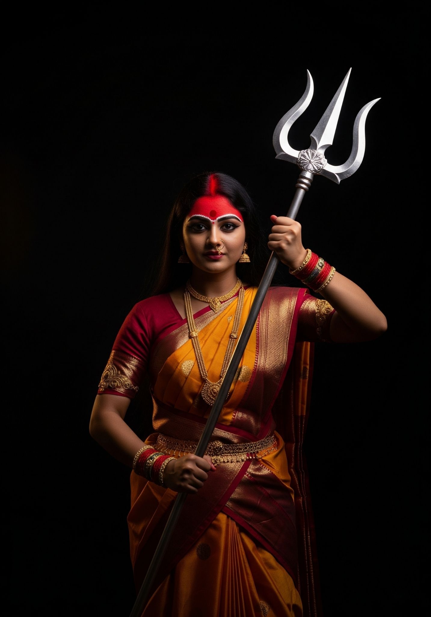 Goddess Durga Avatar Holding Trishul in Traditional Saree