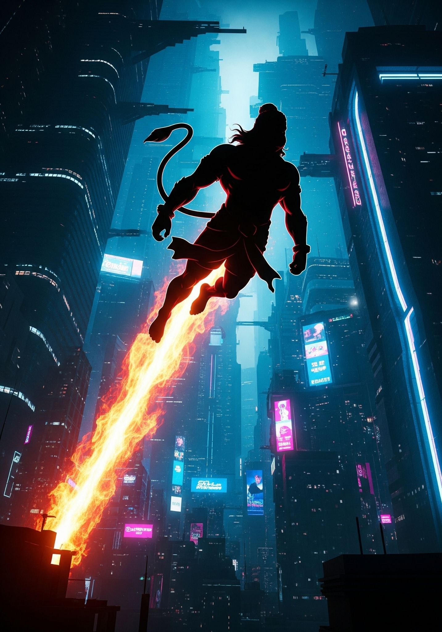 Cyberpunk Hanuman Flying Over Futuristic City
