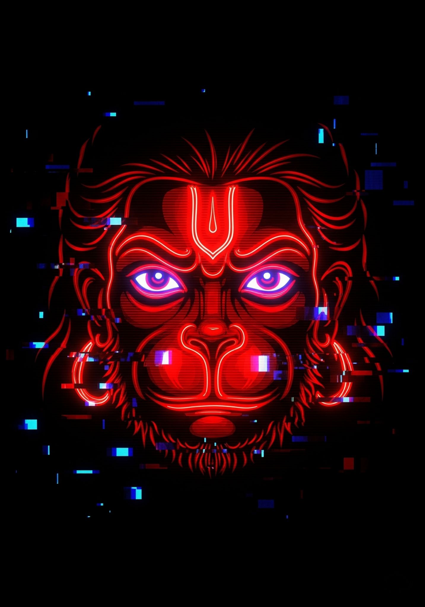 Neon Glitch Hanuman Face Digital Art