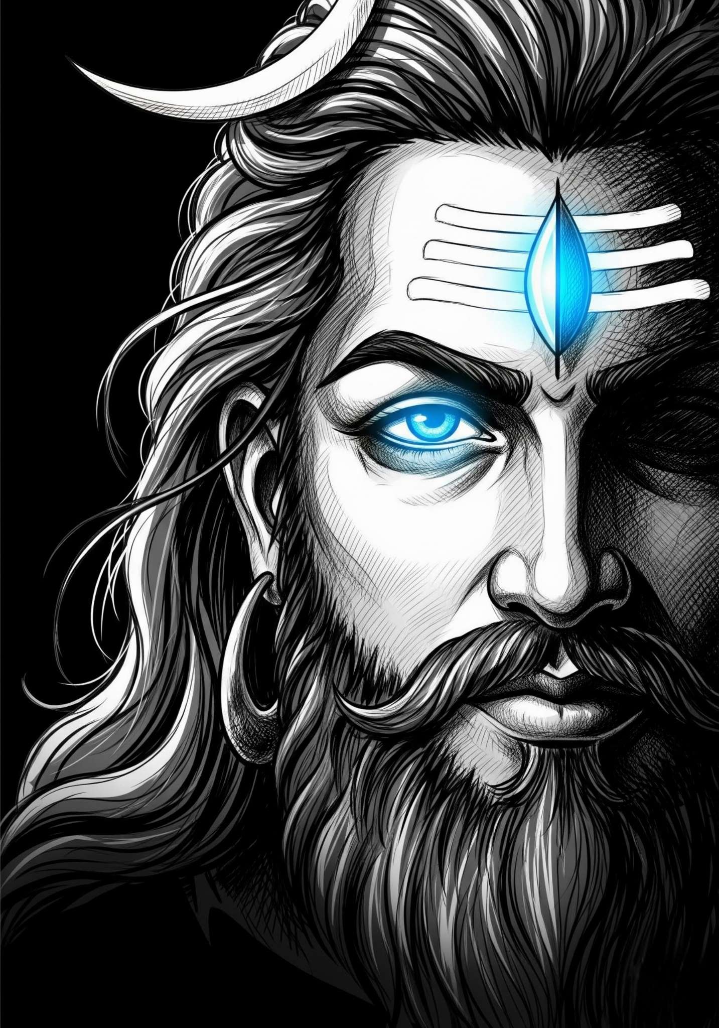 Mahadev Half Face with Glowing Blue Third Eye