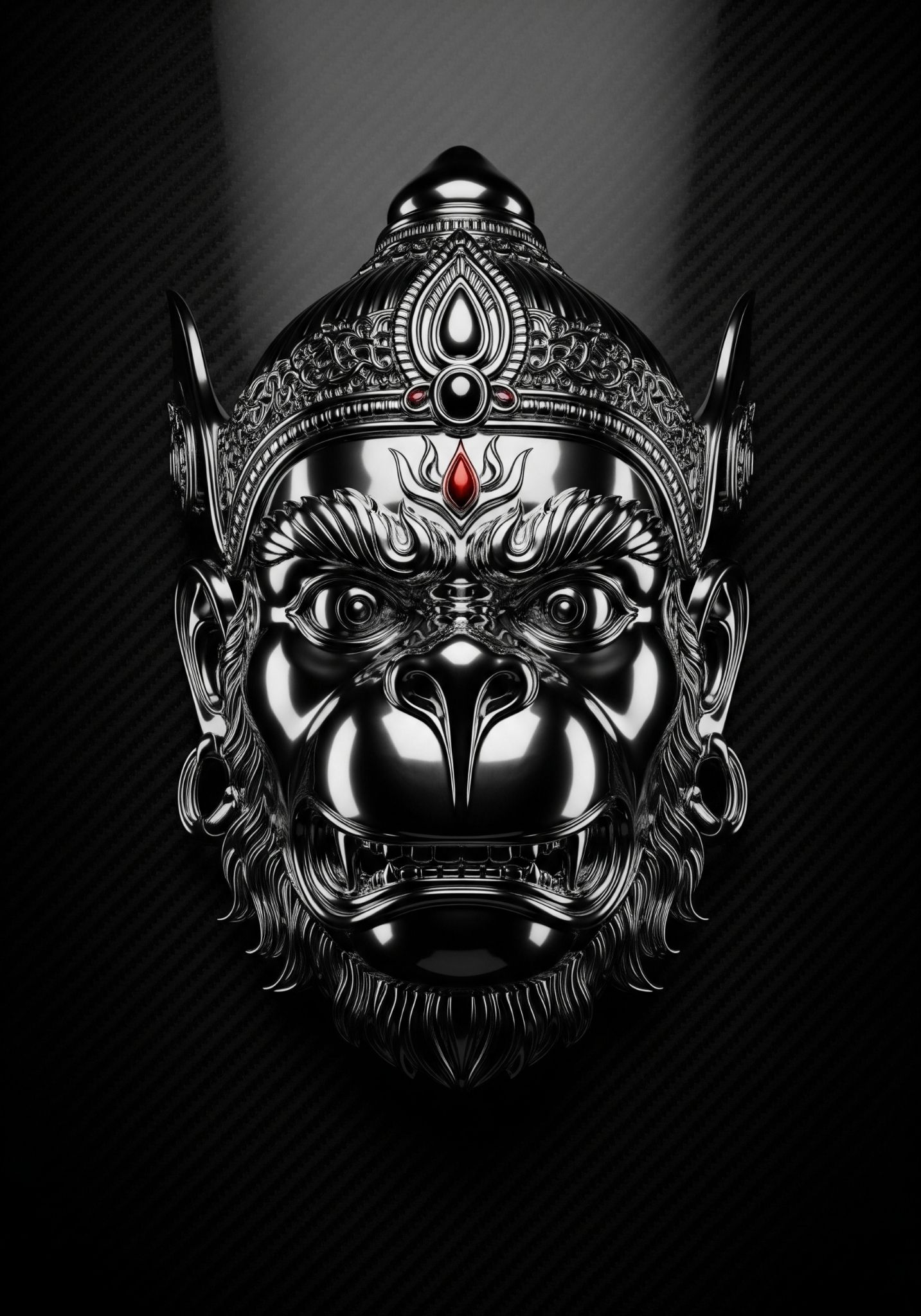 Chrome Metallic Hanuman Face Art on Black Carbon Background
