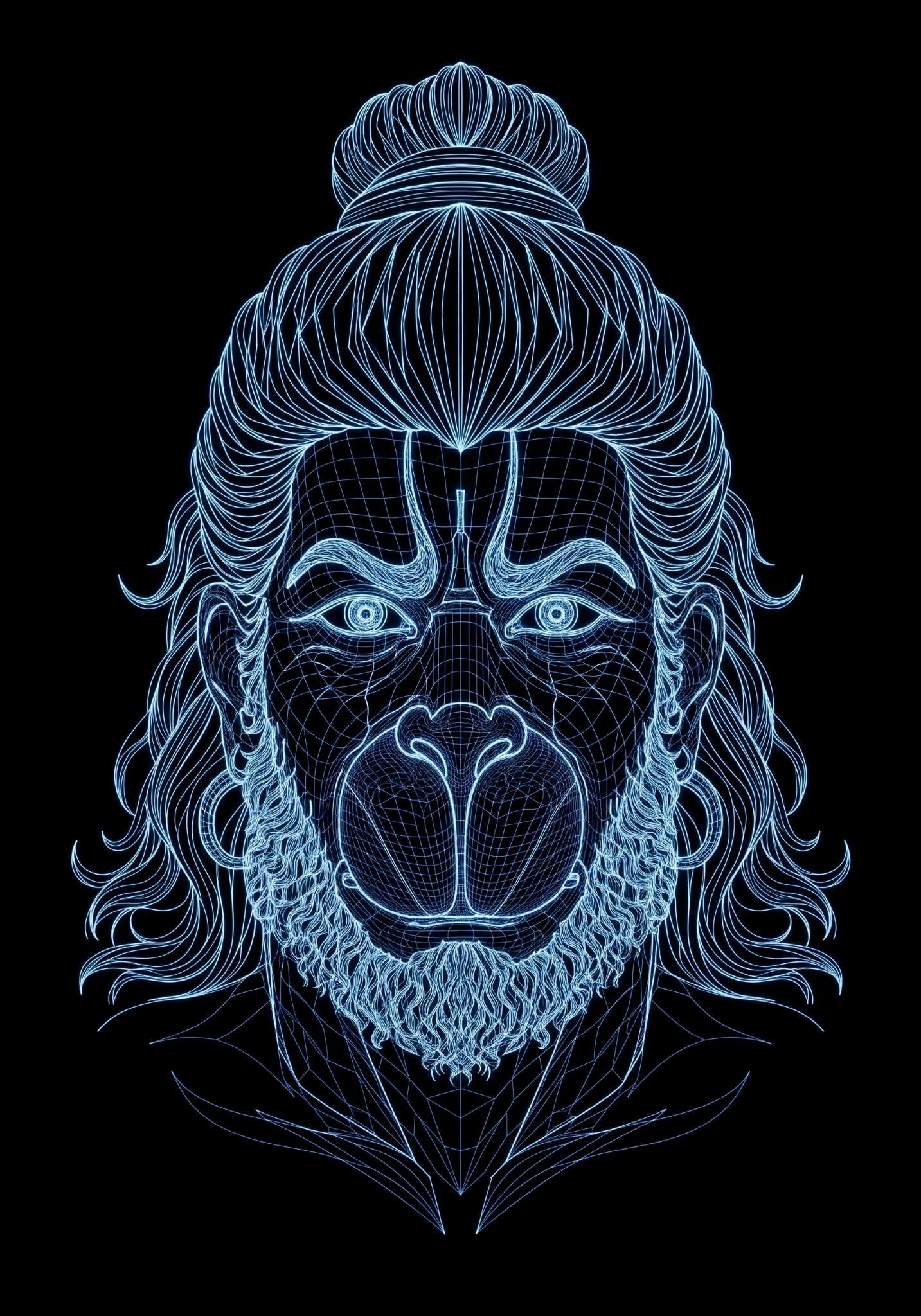 3D Wireframe Hanuman Ji Digital Face Art
