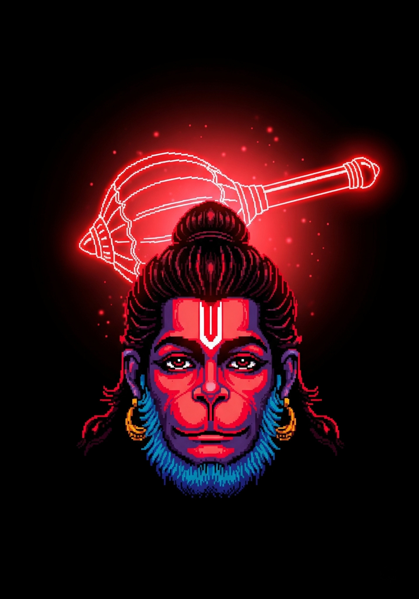 Neon Pixel Hanuman Face Wallpaper with Gada Glow