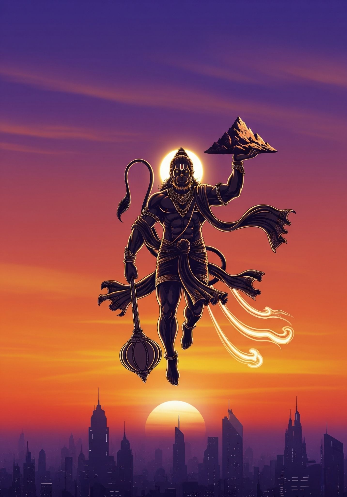 Hanuman Carrying Sanjeevani Mountain at Sunset