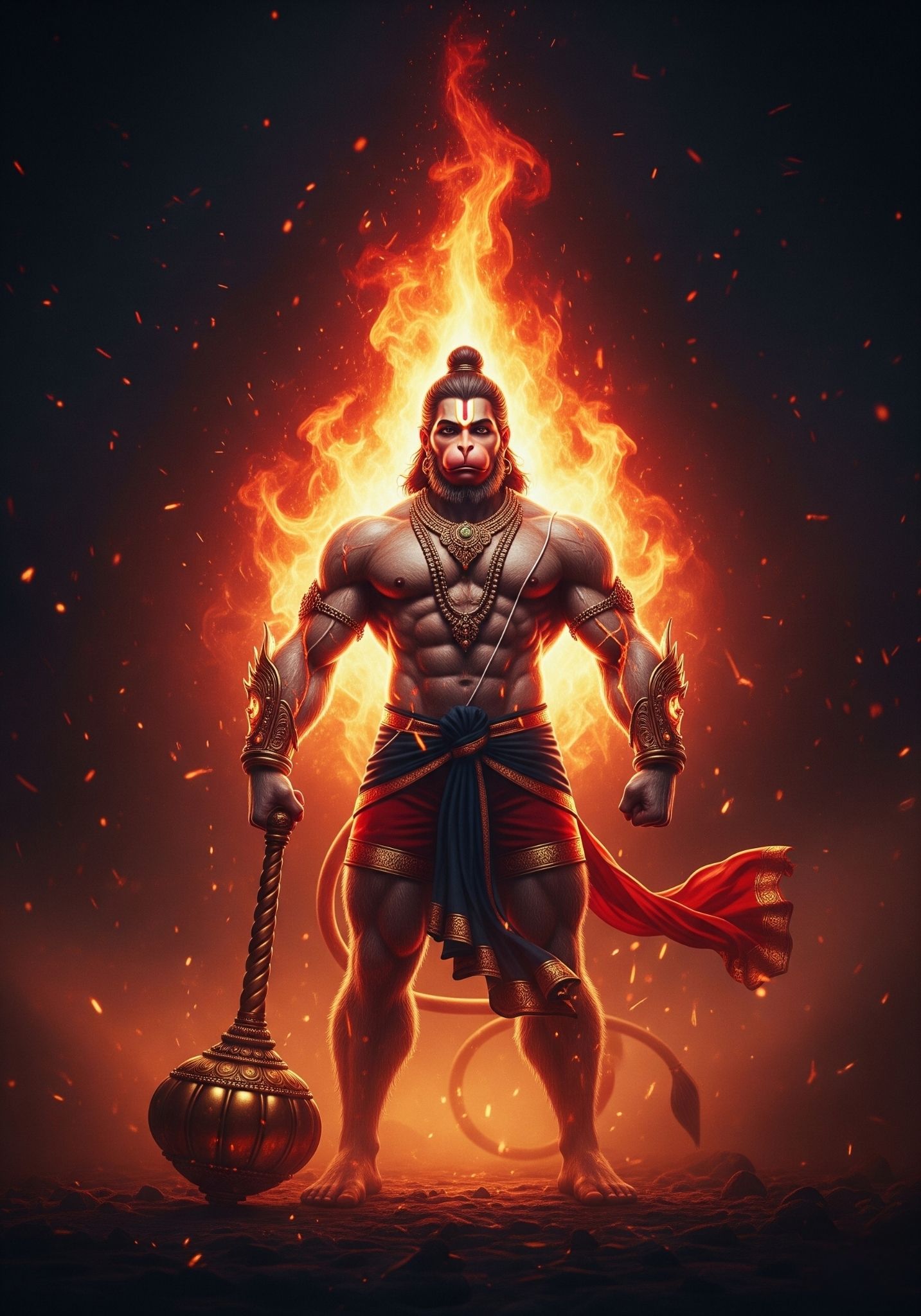 Fiery Lord Hanuman Standing with Gada in Divine Power