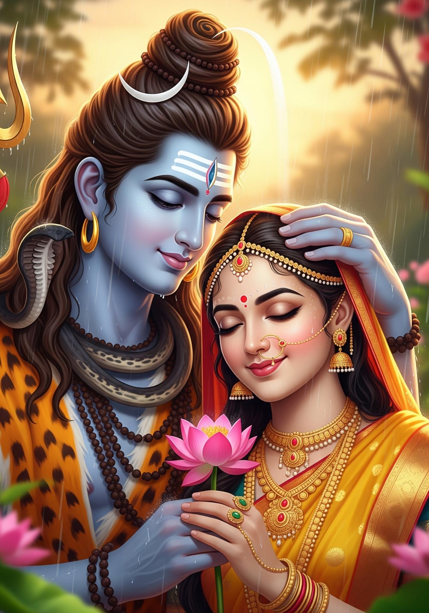 Lord Shiva and Parvati in Rain – Divine Love Artwork