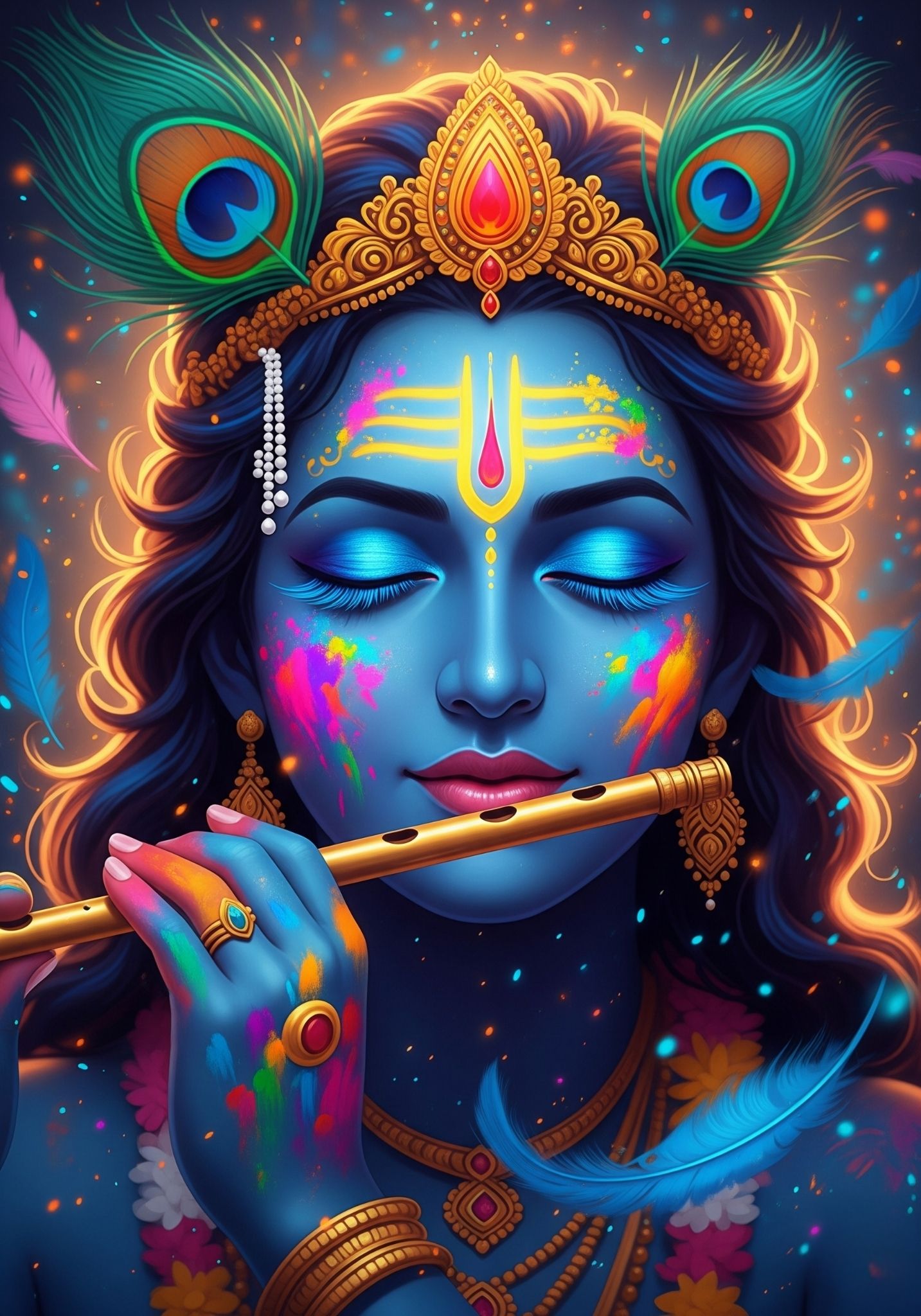 Krishna Playing Flute in Divine Glow – Holi Themed Art