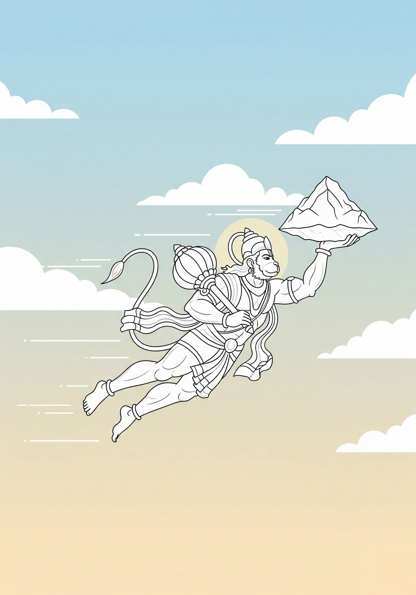 Flying Hanuman Ji with Sanjeevani – Minimal Line Art Wallpaper