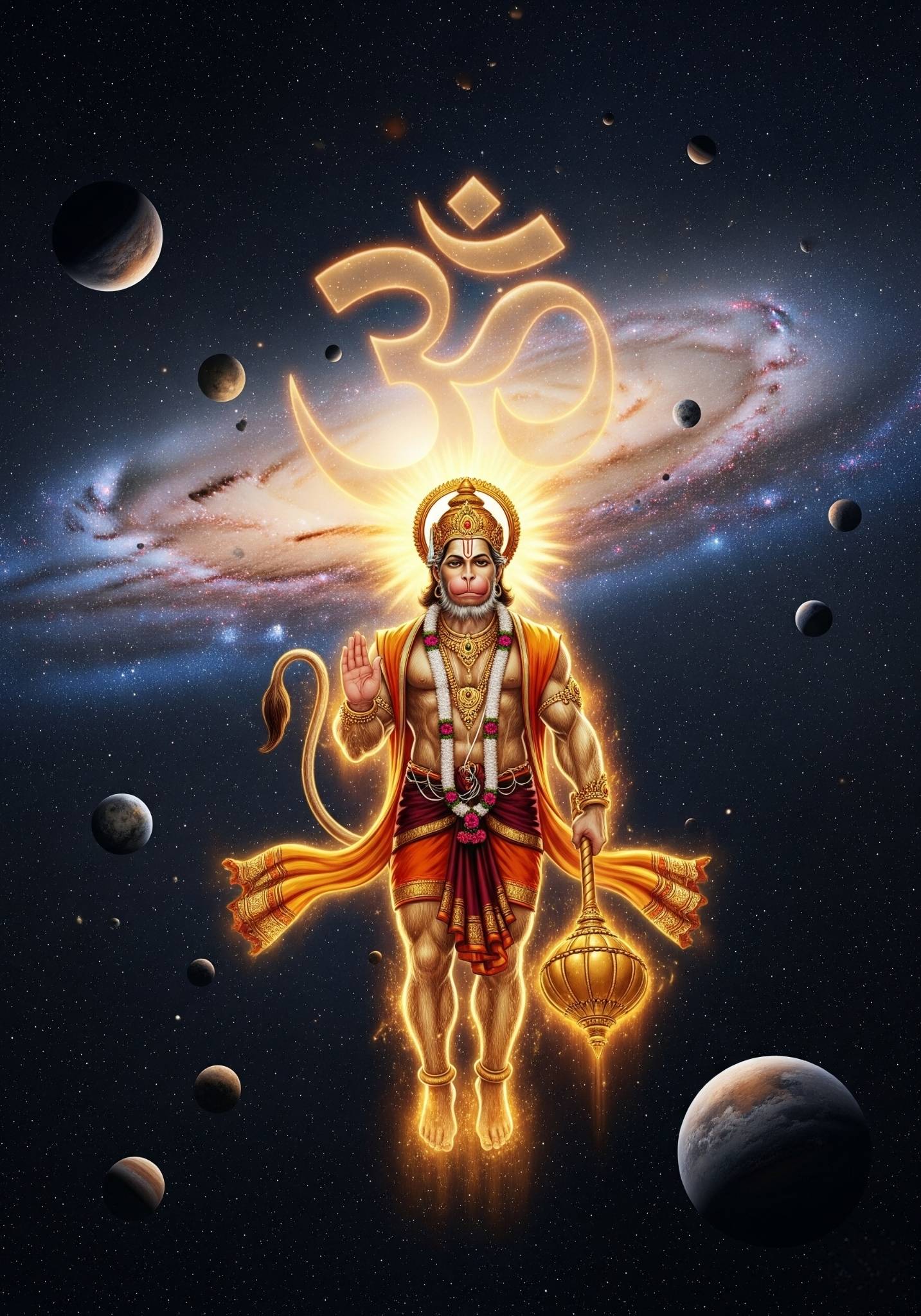 Divine Hanuman Ji in Space with Glowing Om Symbol