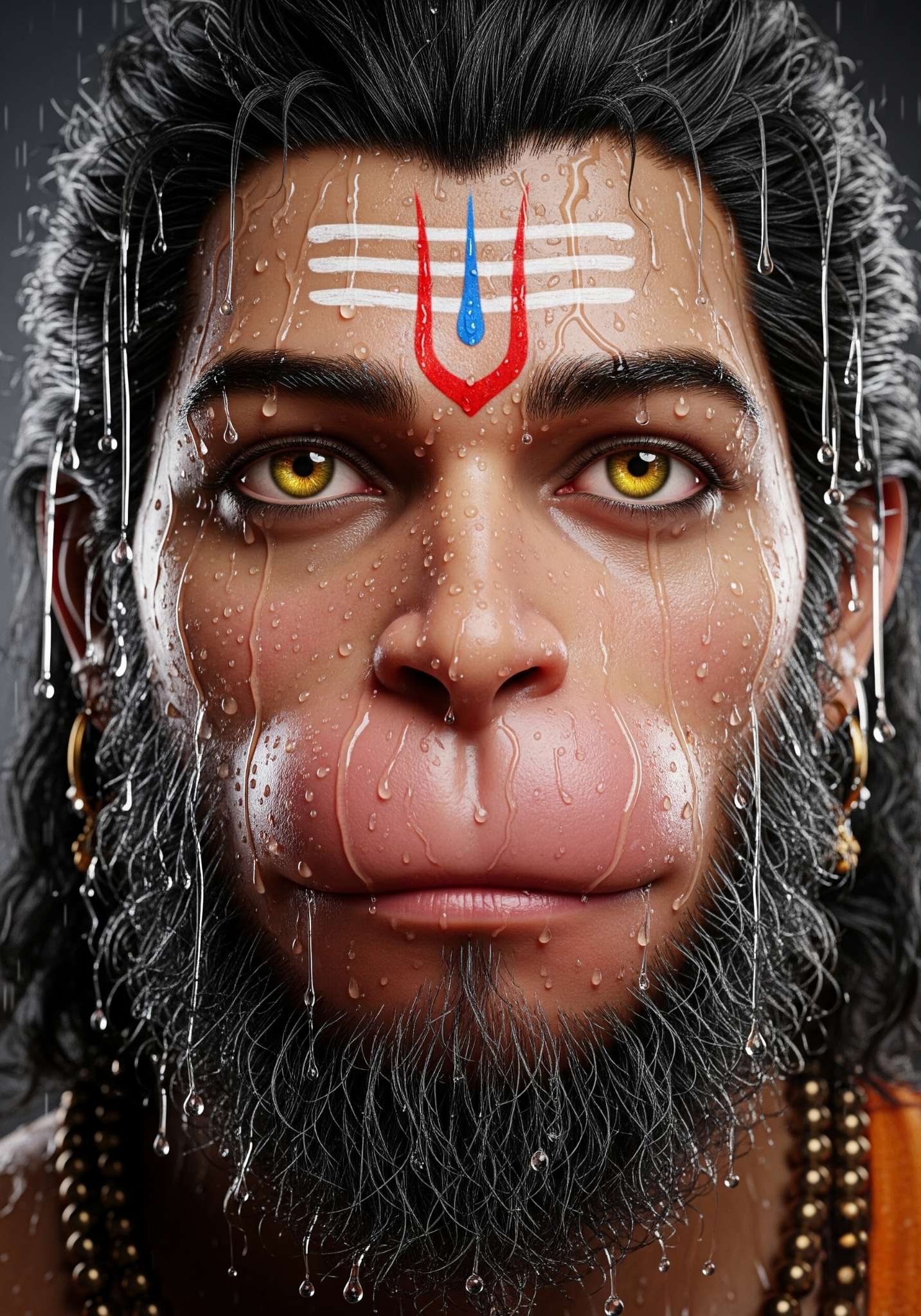 Rain-Kissed Hanuman Portrait with Tilak – Divine Strength in Focus