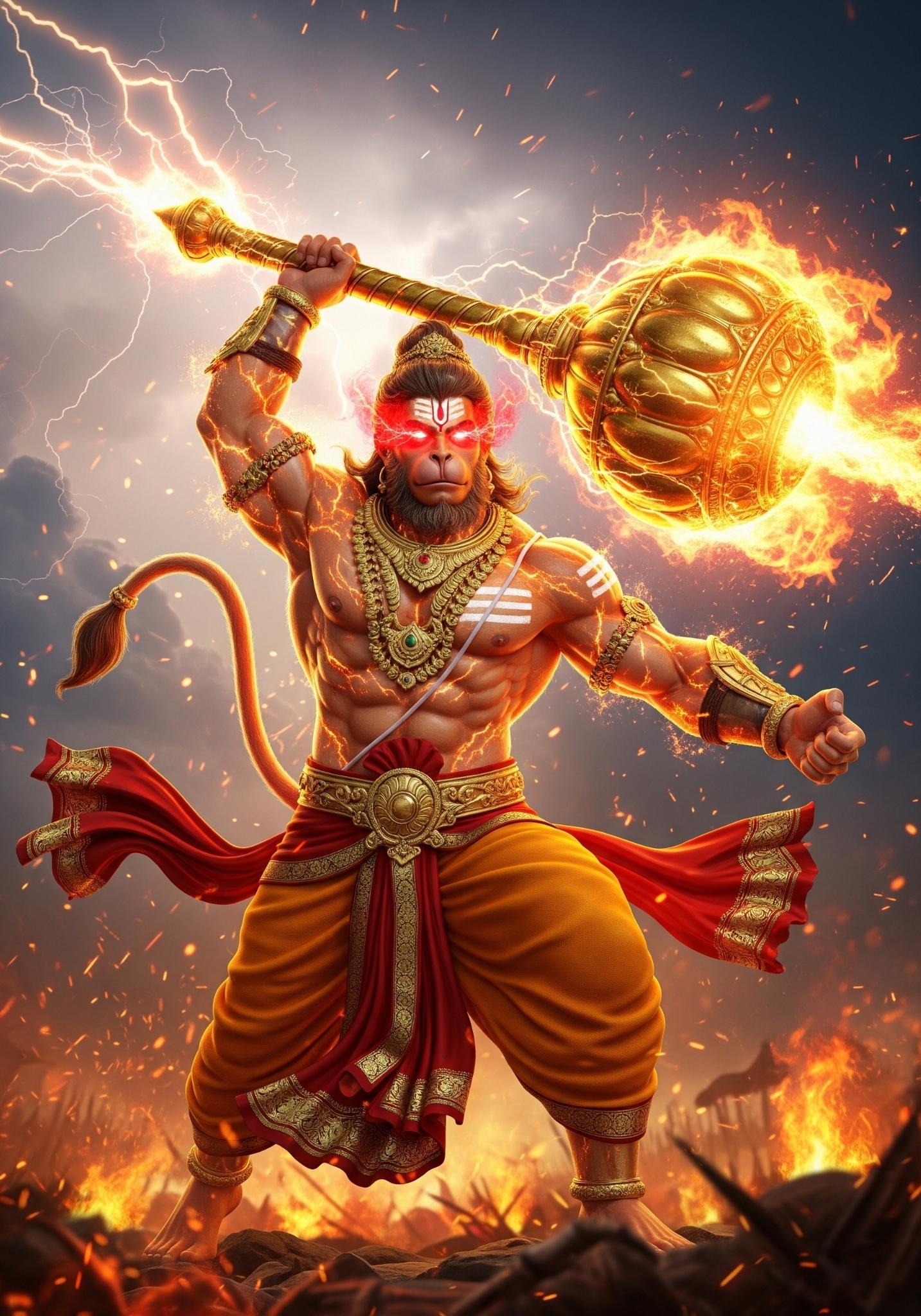 Warrior Hanuman with Fiery Gada – Ultimate Power Wallpaper
