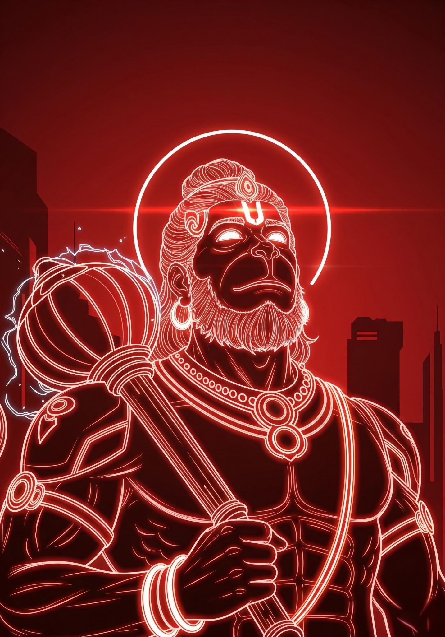 Neon Red Hanuman Line Art – Futuristic Devotional Wallpaper
