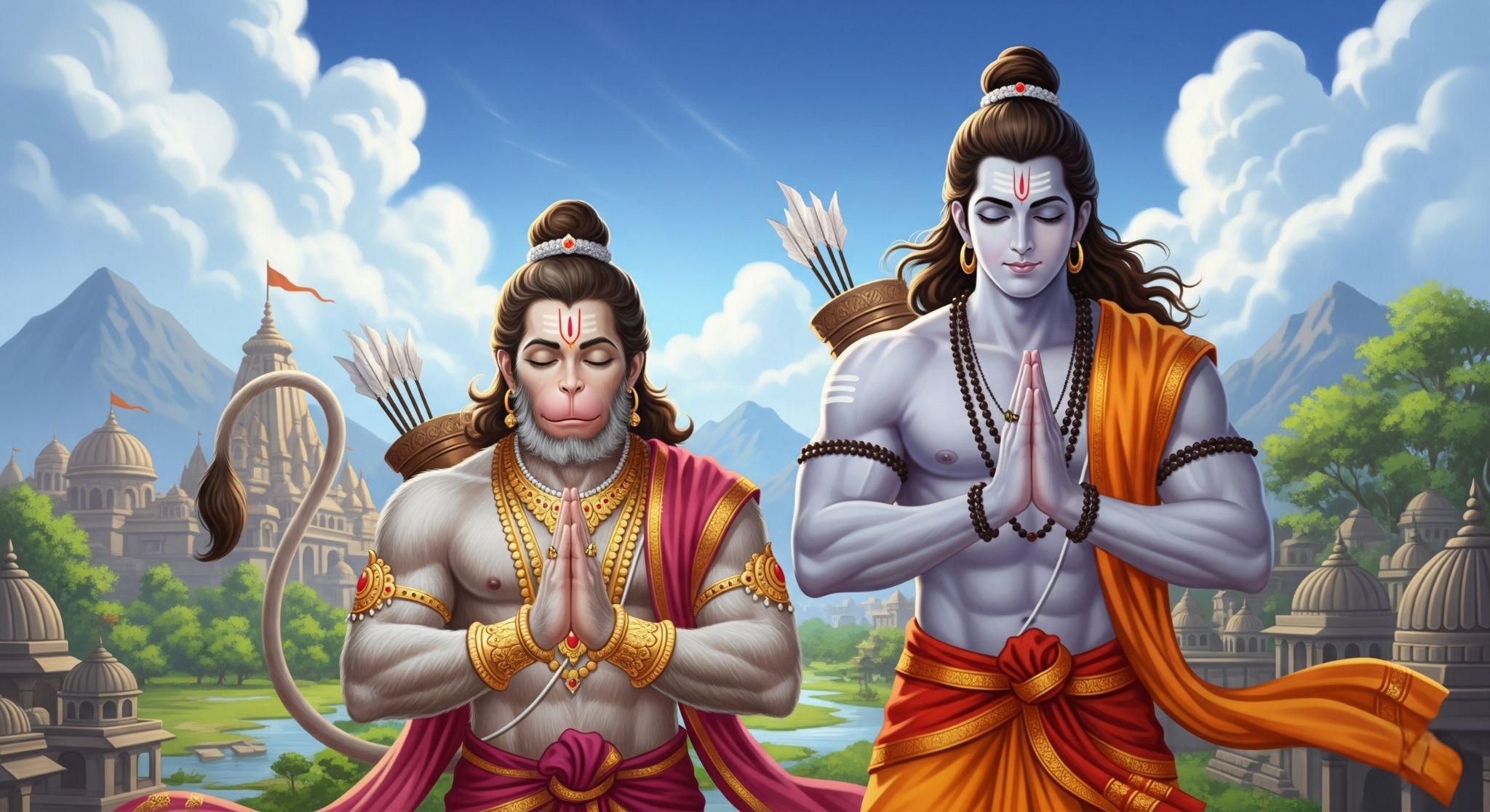 Lord Ram and Hanuman in Prayer Pose with Ayodhya Temple