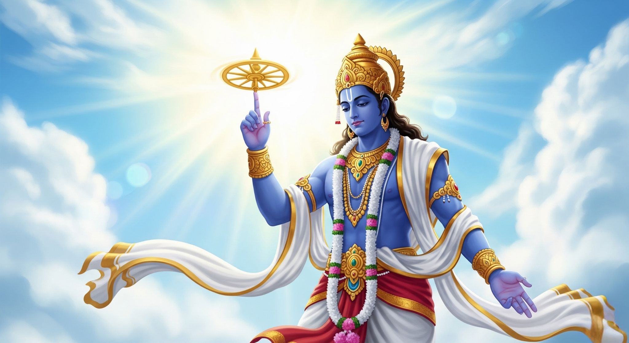Lord Vishnu Holding Sudarshan Chakra in Divine Sky