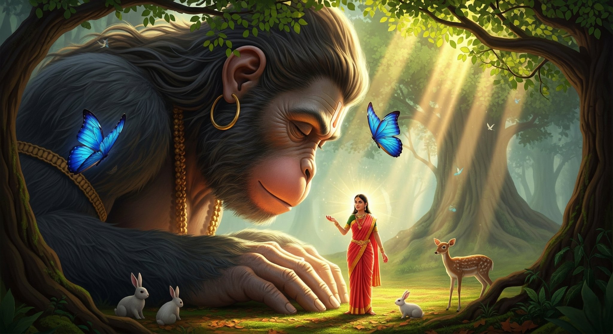 Hanuman and Sita in a Magical Forest Scene – Divine Bond