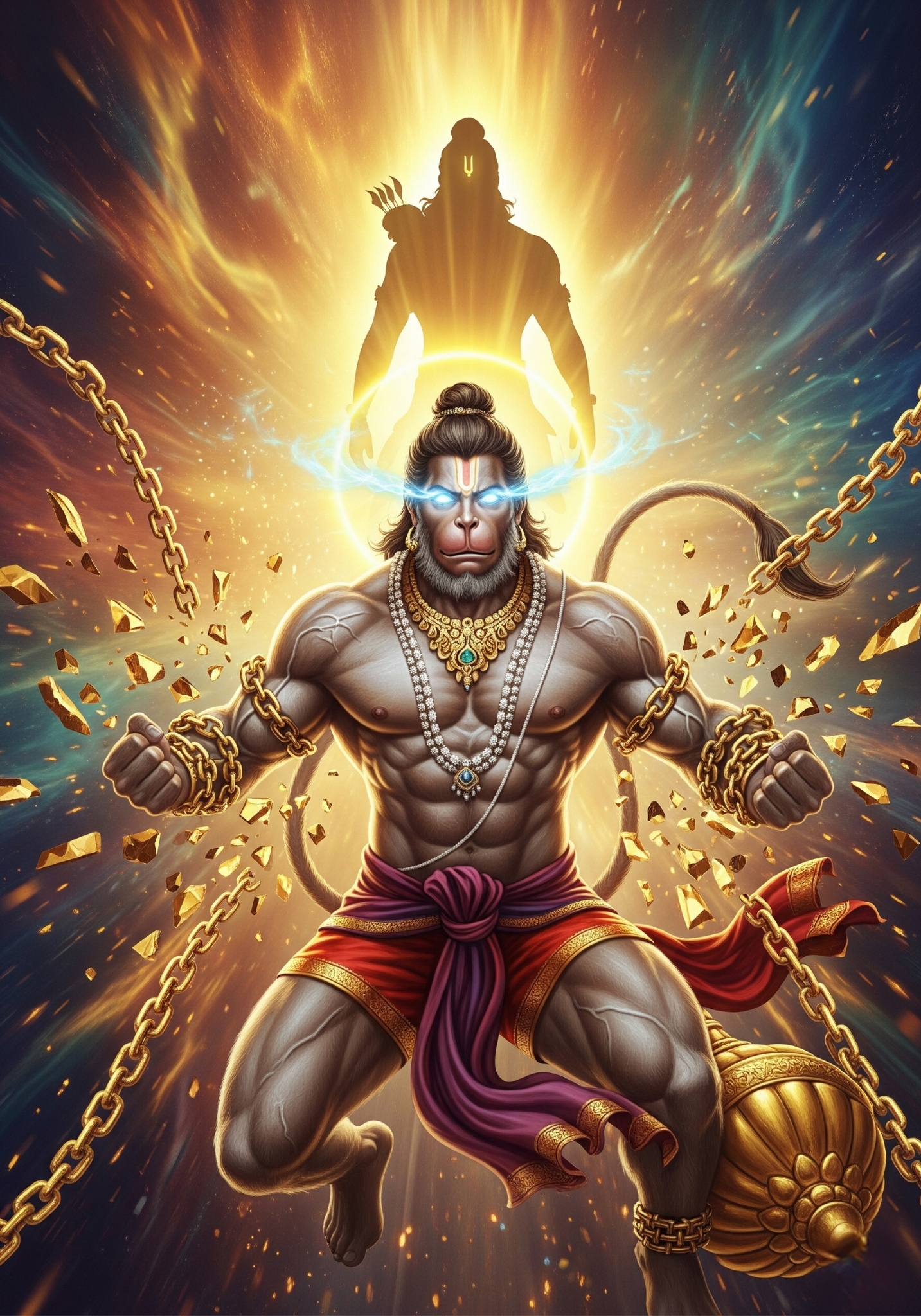 Divine Hanuman Unchained with Glowing Eyes & Lord Ram Aura
