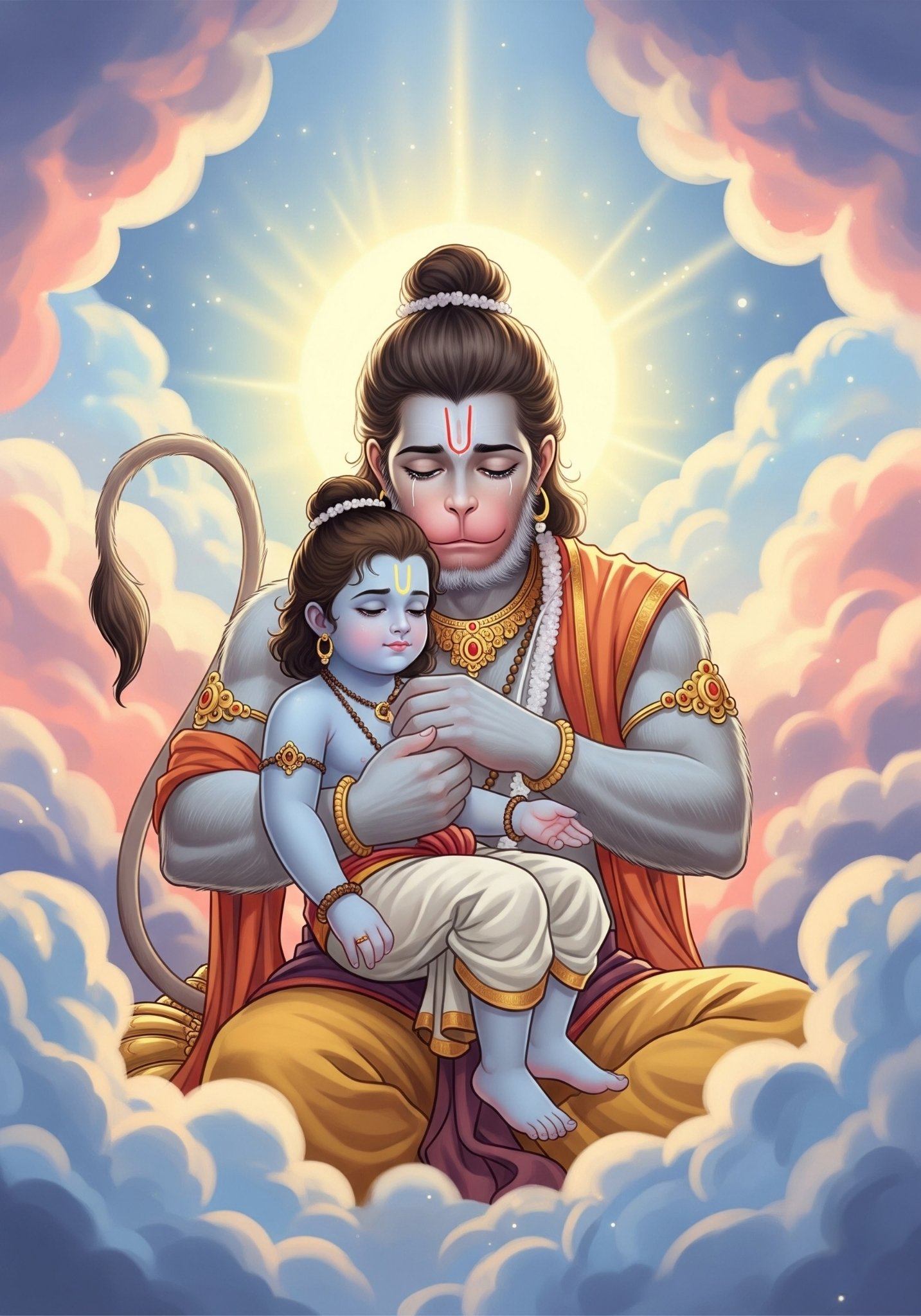 Hanuman Ji Holding Baby Ram in Divine Cloud Realm