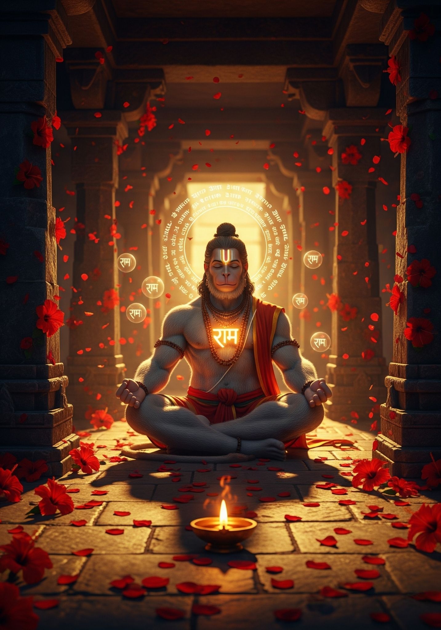 Hanuman Ji Meditating in Temple with Ram Naam Aura