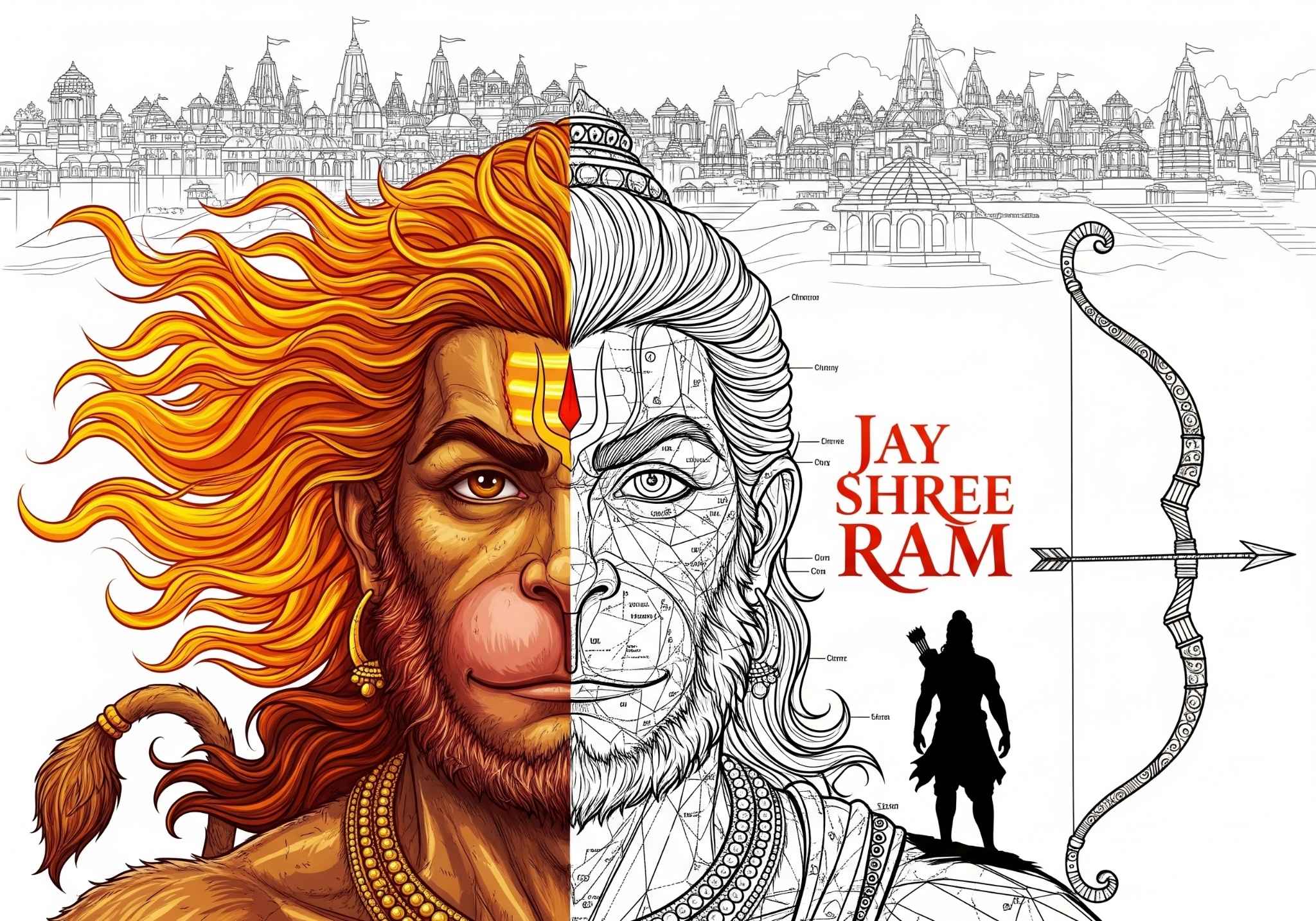 Hanuman & Shri Ram – Divine Half-Color Artwork with Ayodhya