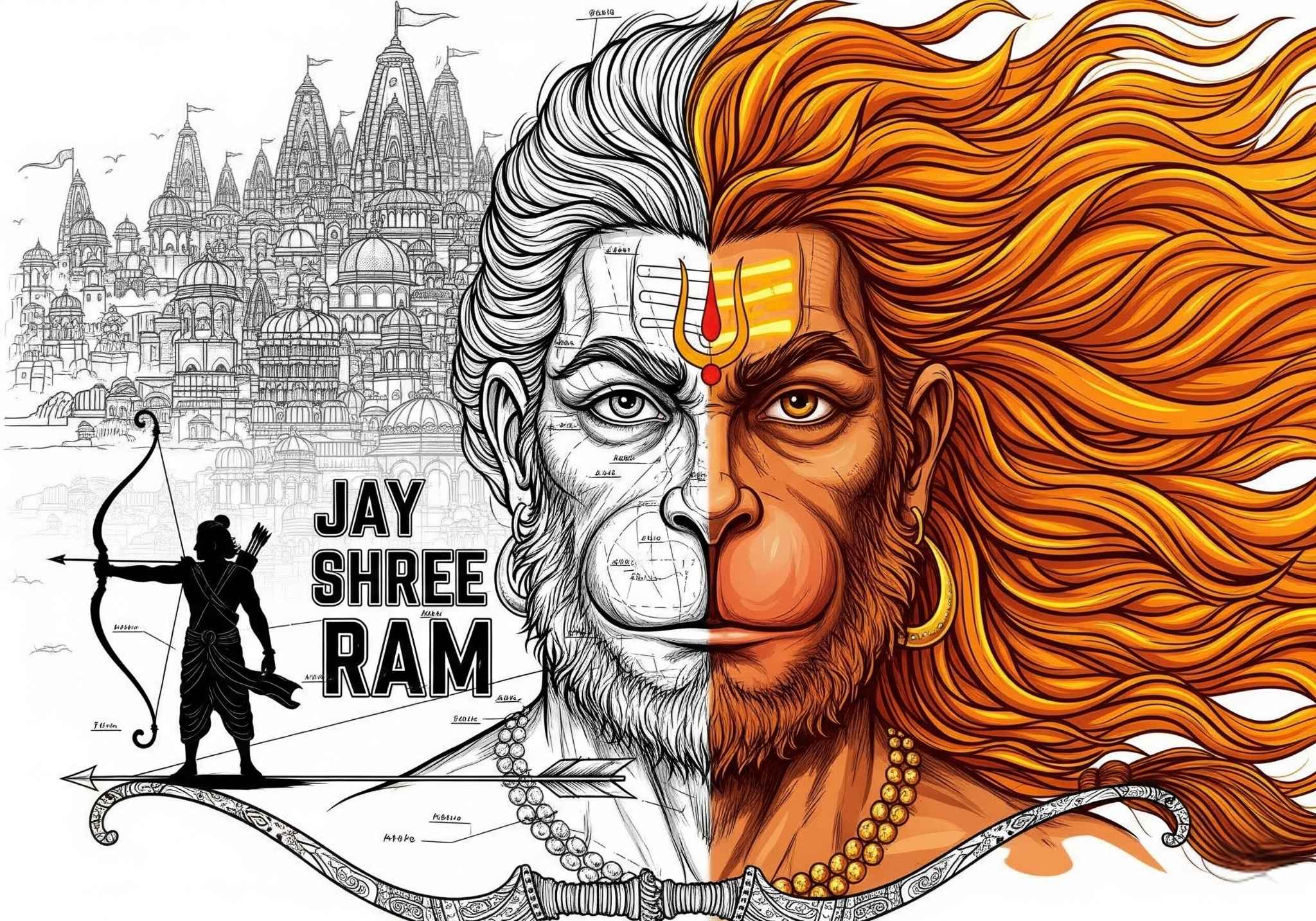 Hanuman & Shri Ram – Half-Color Ayodhya Illustration