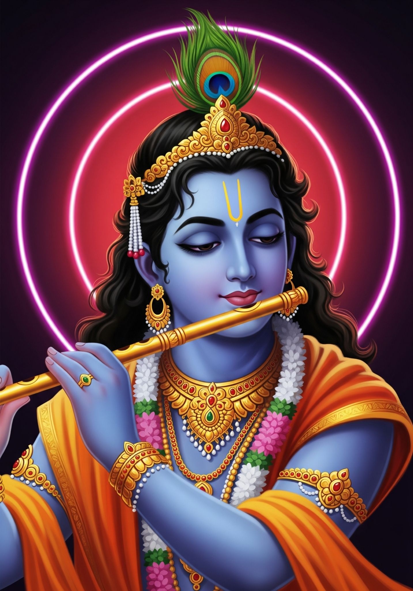 Divine Lord Krishna Wallpaper with Flute and Peacock Crown