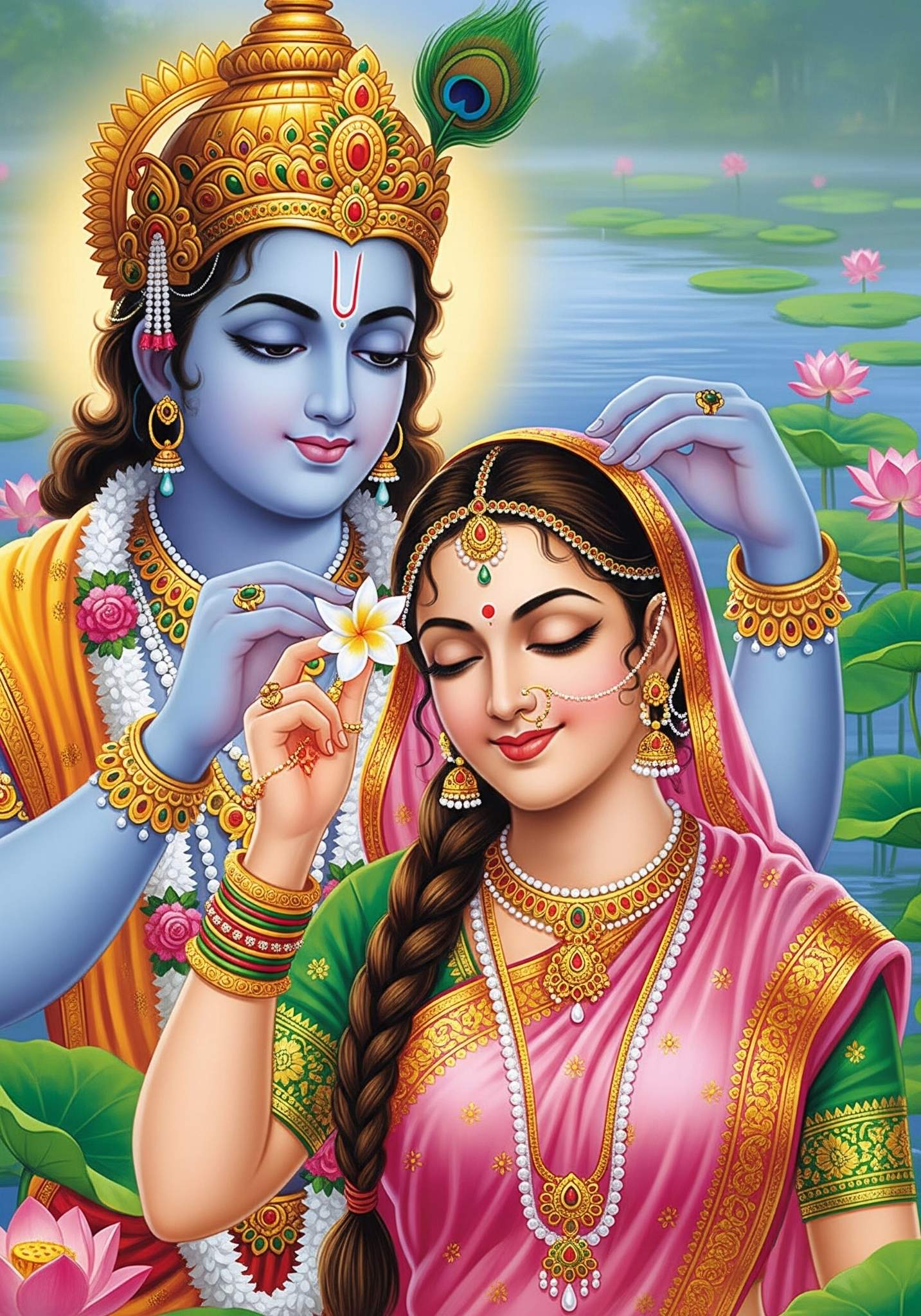 Divine Love of Radha Krishna by the Lotus Lake