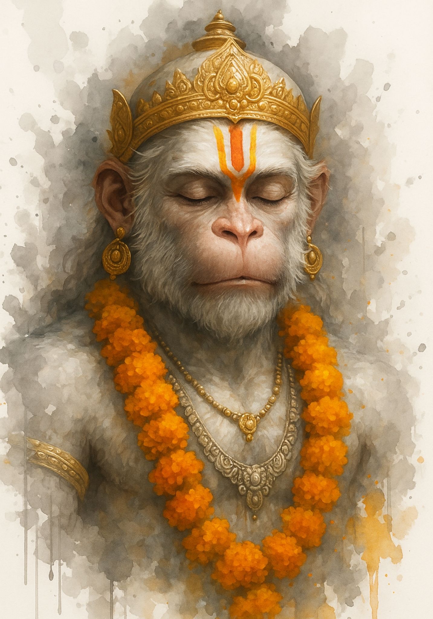 Divine Lord Hanuman Painting – Spiritual Art with Golden Crown & Mala