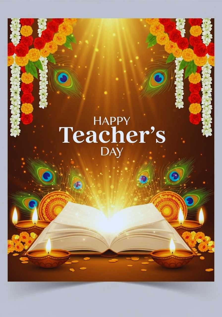 Happy Teacher’s Day Wallpaper with Glowing Book and Diyas