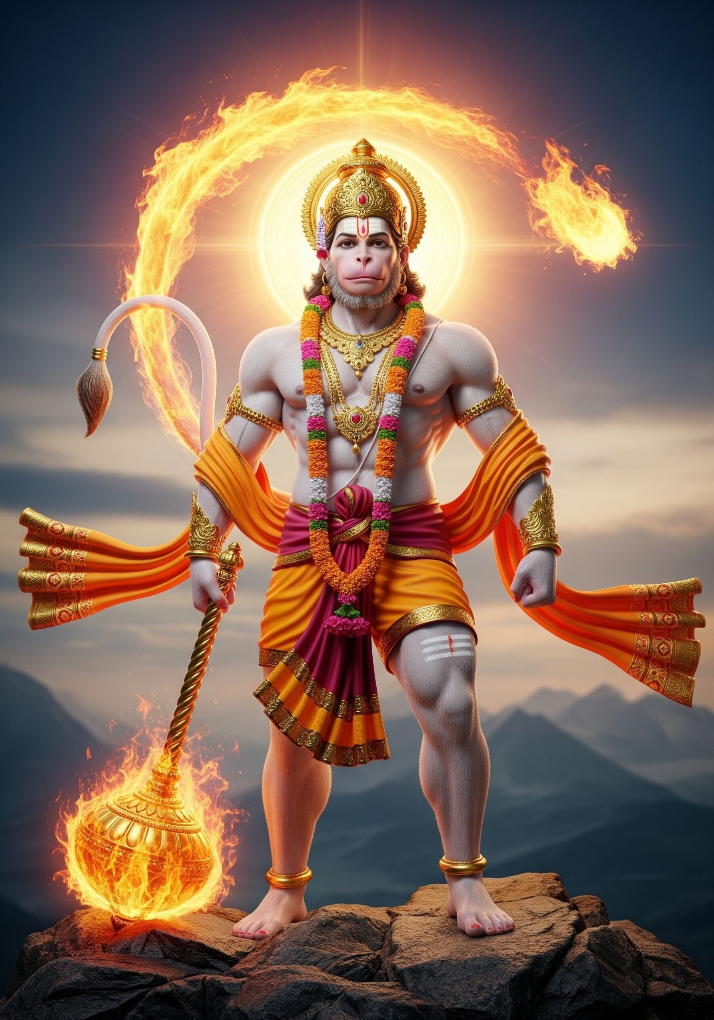 Lord Hanuman with Fiery Gada Divine Wallpaper