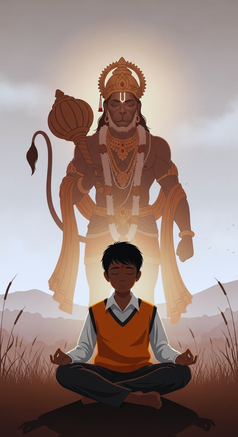Meditating Boy with Hanuman Blessings Wallpaper