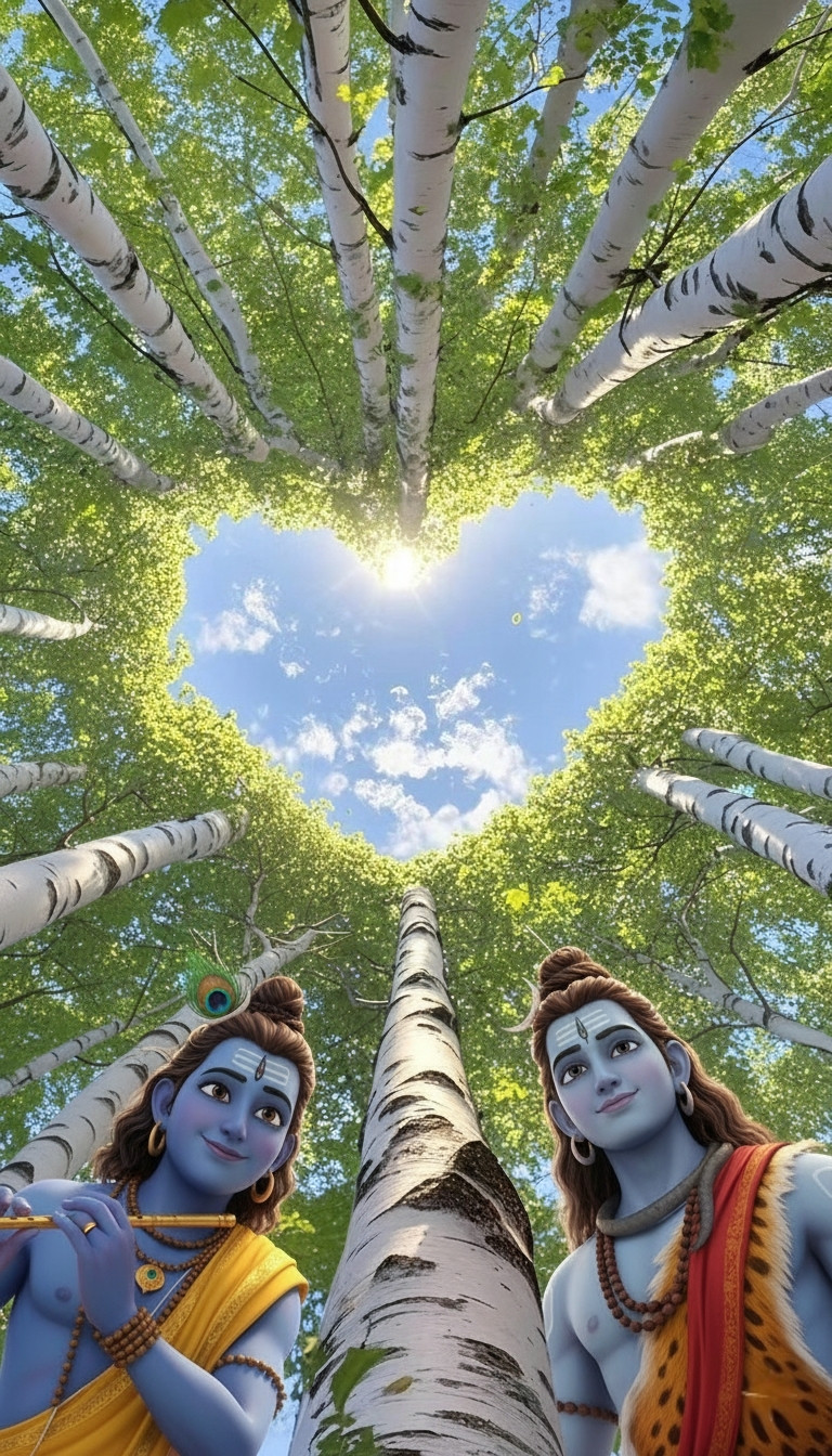 Krishna and Shiva Wallpaper with Heart Shaped Trees