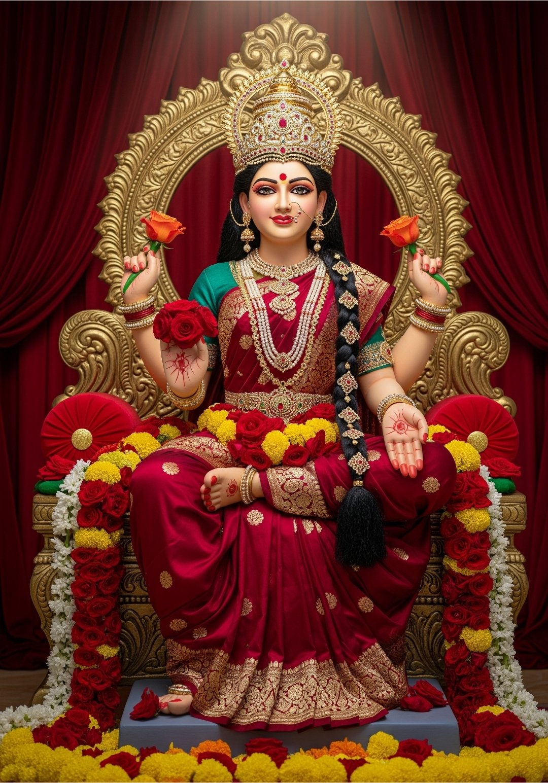 Goddess Lakshmi Devi in Red Saree HD Wallpaper
