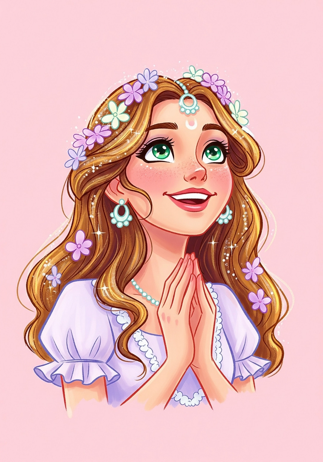 Smiling Cartoon Girl with Flowers in Hair Illustration